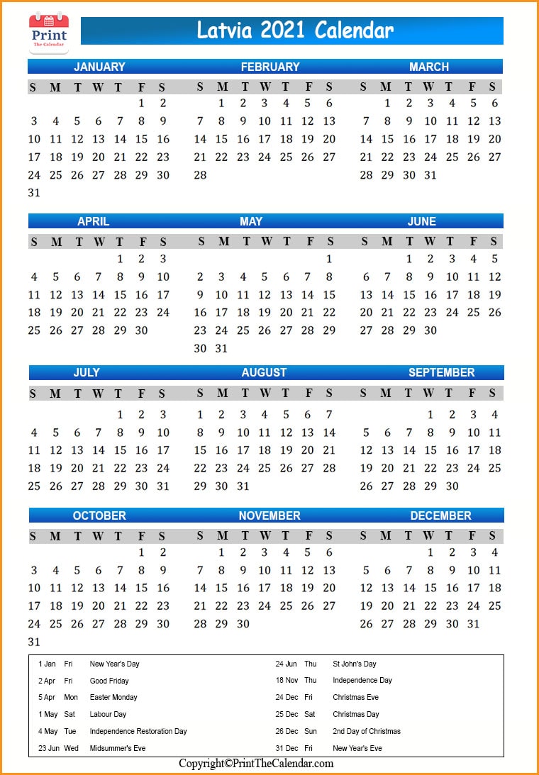 Latvia Calendar 2021
